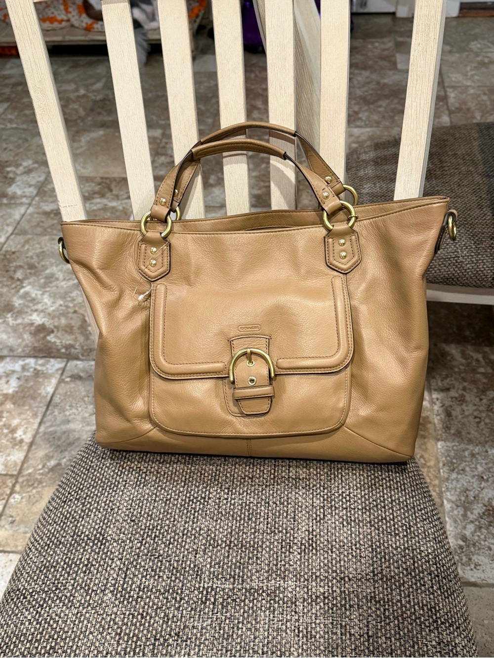 Coach Tan Leather Tote with Front Buckle Pocket